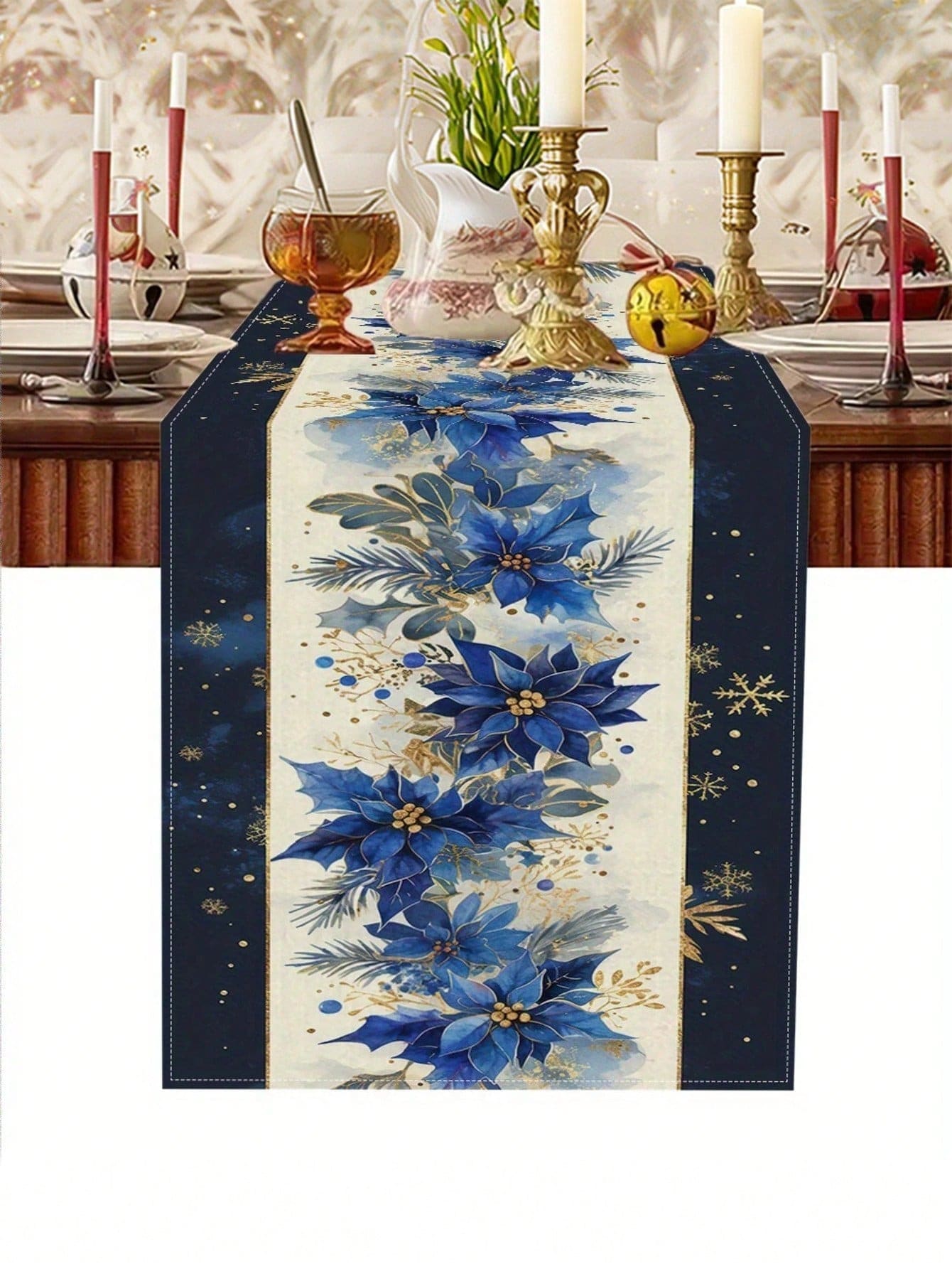1pc Elegant Navy Blue & Burgundy Snowflake Winter Table Runner - High-Quality Polyester Holiday Decor With Golden Floral Patterns, Easy-Clean Rectangular Tablecloth For Christmas, Winter Parties, Home & Restaurant Dining, Festive Table Setting | Elegant Table Accessory | Texture, Christmas Table Decorations - Multicolor - View 1