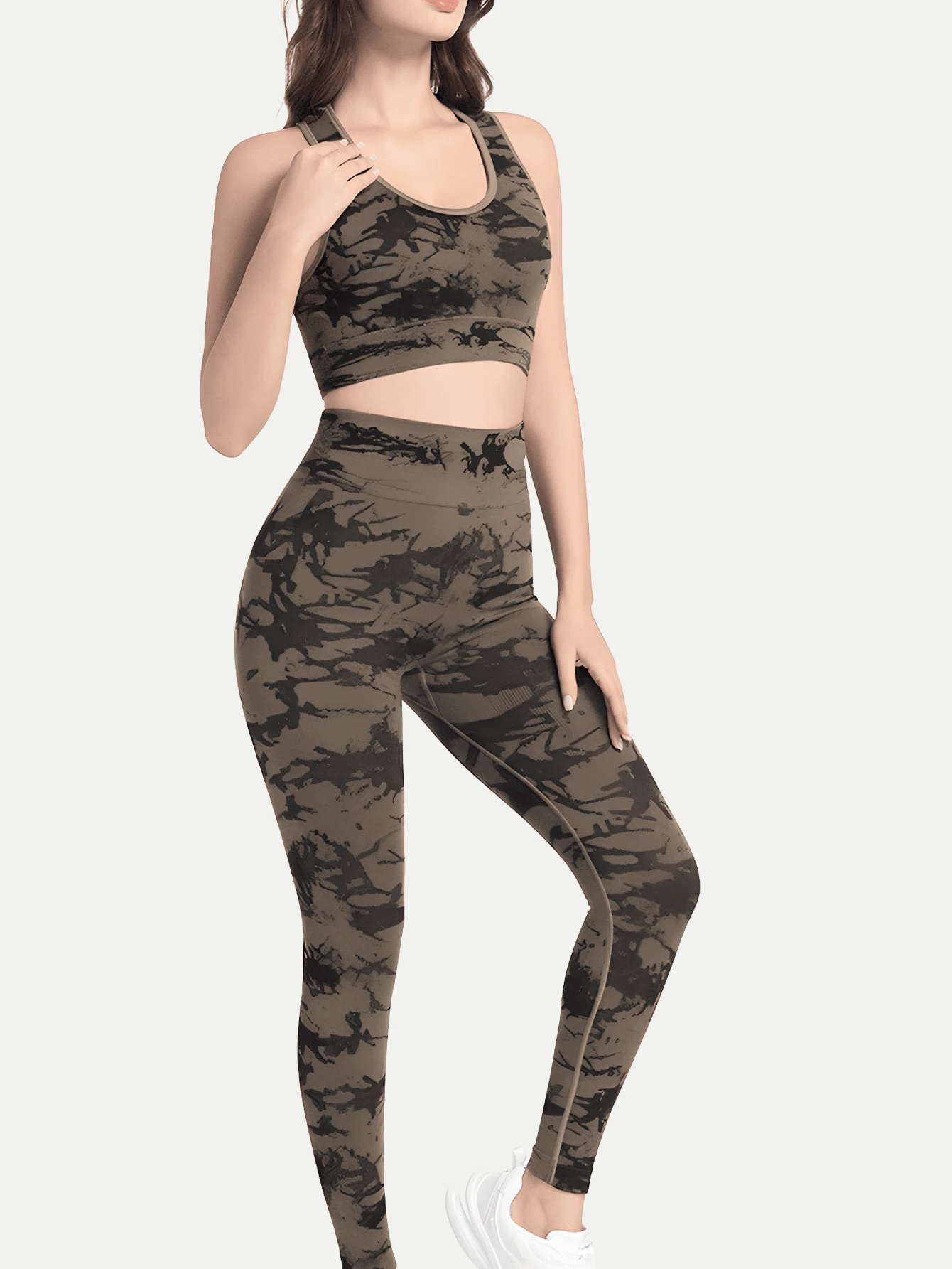 Sports Women's Contrasting Cut Yoga Top And Leggings 2-Piece Gym Set, Women's Sports Workout Clothes, Sports Set - 卡其色 - 查看 1