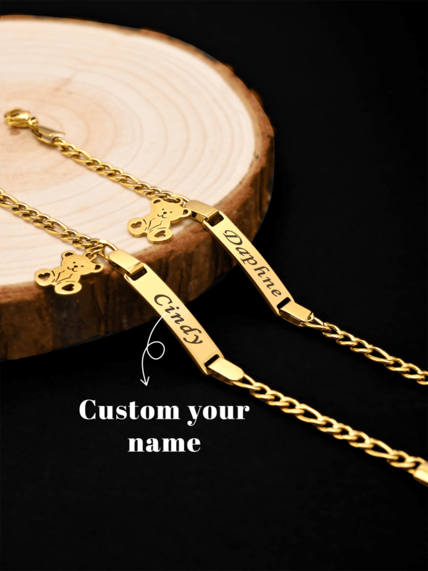 ﻿ Stainless Steel Laser Engraving Custom Name Bear Bracelet, Suitable For Teenagers And Young Adults, Simple And Cute Adjustable Bracelet, Teen Birthday Gift Special Christmas Gift
