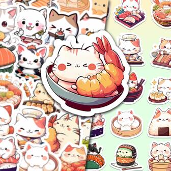 50 pegatinas de comida para gatos - Calcomanías de vinilo resistente al agua para portátil, scrapbook, vaso, cuaderno y talla grande - Regalo de decoración DIY estética