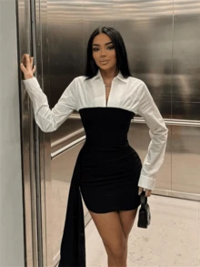 Mantos Summer Street Colorblock Slim Fit Dress Long Sleeve Collar Patchwork Short Dresses Casual Asymmetrical Dress - 黑色 - 查看 1