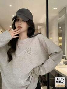 女式棉质长袖 T 恤，字母和心形印花，宽松中长款上衣，时尚麻灰色 - 花灰色 - 查看 3