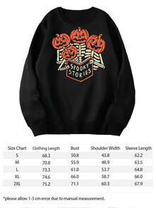 Sudadera acogedora de cuello redondo con estampado de esqueleto de calabaza y historias espeluznantes de Halloween para mujer, jersey informal de manga larga para otoño y otoño. - Negro - Ver 5