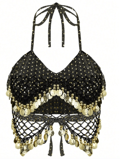 Women's Backless Bra Top With Sequins, Beads, Tassels, And Tie-Up, Short Belly Dance Top, Bohemian Style, Festival Belly Dance Performance Costume, Dancewear,Belly Dance Outfit,Genie Accessories,Corset,Maskert,Cleopatra,Egyptian Belly Dance Costume