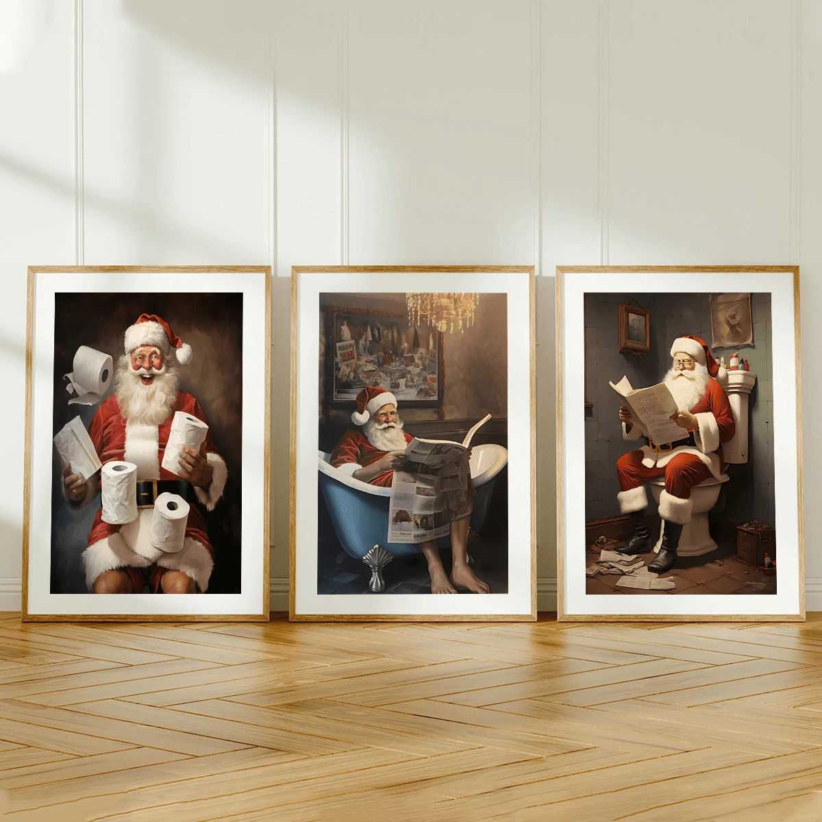 3 قطع / مجموعة لوحات فنية حديثة للجدران، طباعات فنية لديكور الحمام بموضوع سانتا كلوز الساخر، لوحات فنية رجعية - فن عيد الميلاد، ديكور عيد الميلاد، مؤطرة أو غير مؤطرة، ديكور الغرفة، ديكور المنزل، ديكور شقة الطالب الجامعي، هدايا لديكور الجدران في الفندق، المنزل، هدية مثالية لتدشين المنزل الجديد، غرفة المعيشة، غرفة النوم، الحمام والمكتب