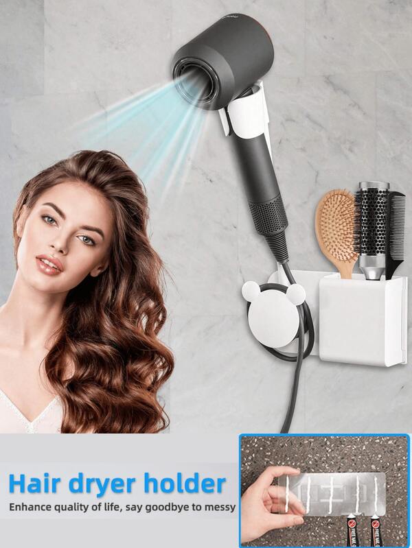 1PC No-Drill Wall-Mounted Hair Dryer Holder With Storage Organizer – Sleek White Plastic Rack For Bathroom Essentials, Perfect For Hair Dryers, Combs, Shavers, And Vanity Shelves, Bathroom Storage Rack