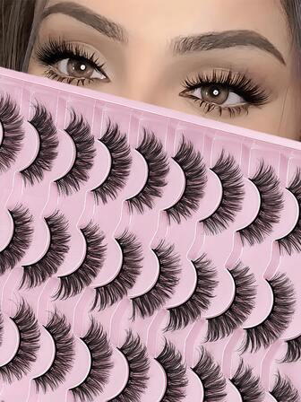 20 对假睫毛自然睫毛貂毛纤细 3D 浓密假睫毛 5D 条状猫眼睫毛套装透明睫毛带单根睫毛