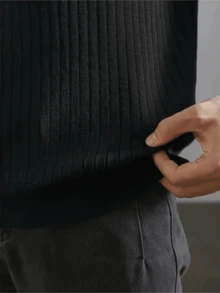 GRDR 男士宽松薄款罗纹 Polo 领针织衫，短袖，夏季款 - 黑色 - 查看 8