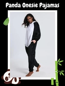 Adult Panda Pajamas - Soft Fleece-Lined Sleeve Zipper Pajama For Halloween & Christmas Parties, Unisex Loose Fit Machine Washable (Sizes S-XXL), Cow Pajamas, Festive Loungewear, Playful Design - 黑與白 - 查看 3