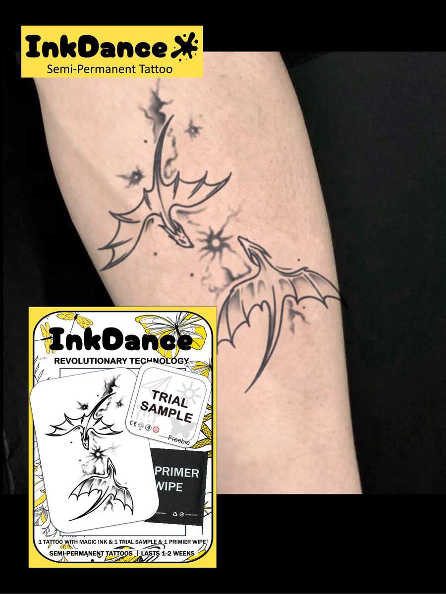 1 Set "Double Dragon" Revolutionary Technology Tattoo Stickers, Semi-Permanent Tattoos, Temporary Tattoos, Long-Lasting, Angel Tattoos, Realistic Tattoos, Waterproof, Lifelike Tattoo Effect, Plant-Based X026 - Black - View 1