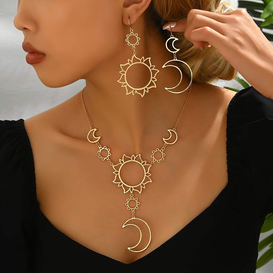 3 PiecesWomen's Jewelry Set, Vintage Middle Eastern Hollow Sun Moon Necklace And Earrings, Fashionable Zinc Alloy, Suitable For Daily Wear And Parties, All-Season Accessory