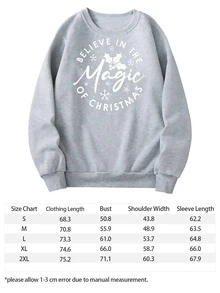 Sudadera de cuello redondo con estampado gráfico para mujer "Cree en la magia de la Navidad", estilo festivo, top informal y acogedor, atuendo de invierno, diseño de patrón único. - Gris - Ver 5