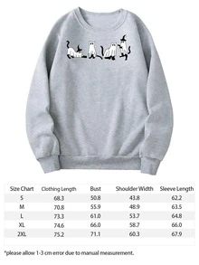 Sudadera con cuello redondo y estampado de gato fantasma para mujer, jersey de manga larga de corte relajado con estampado divertido de gatito fantasma y detalle de sombrero de bruja. - Gris - Ver 5