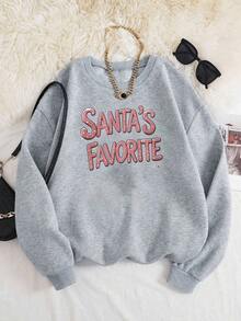 Sudadera de cuello redondo con estampado gráfico favorito de Santa para mujer, suéter acogedor y elegante para la temporada navideña, tela suave y ajuste relajado. ¡Regalo de Navidad perfecto! - Gris - Ver 2