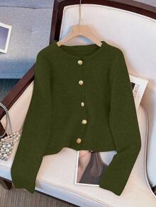 1pc Solid Color Button Front Women Cardigans, Round Neck Casual Grey Cardigan, Versatile Loose Fit Sweater Cardigan With Metal Buttons, Long Sleeve Knit Sweater Cardigan