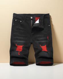 Men's Slim Fit Skinny Denim Shorts, Ripped Skinny Denim Shorts, Stylish Straight Comfortable Stretch Waist Shorts - 黑色 - 查看 10