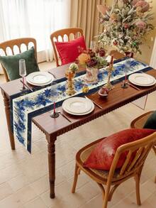 1pc Elegant Navy Blue & Burgundy Snowflake Winter Table Runner - High-Quality Polyester Holiday Decor With Golden Floral Patterns, Easy-Clean Rectangular Tablecloth For Christmas, Winter Parties, Home & Restaurant Dining, Festive Table Setting | Elegant Table Accessory | Texture, Christmas Table Decorations - Multicolor - View 5