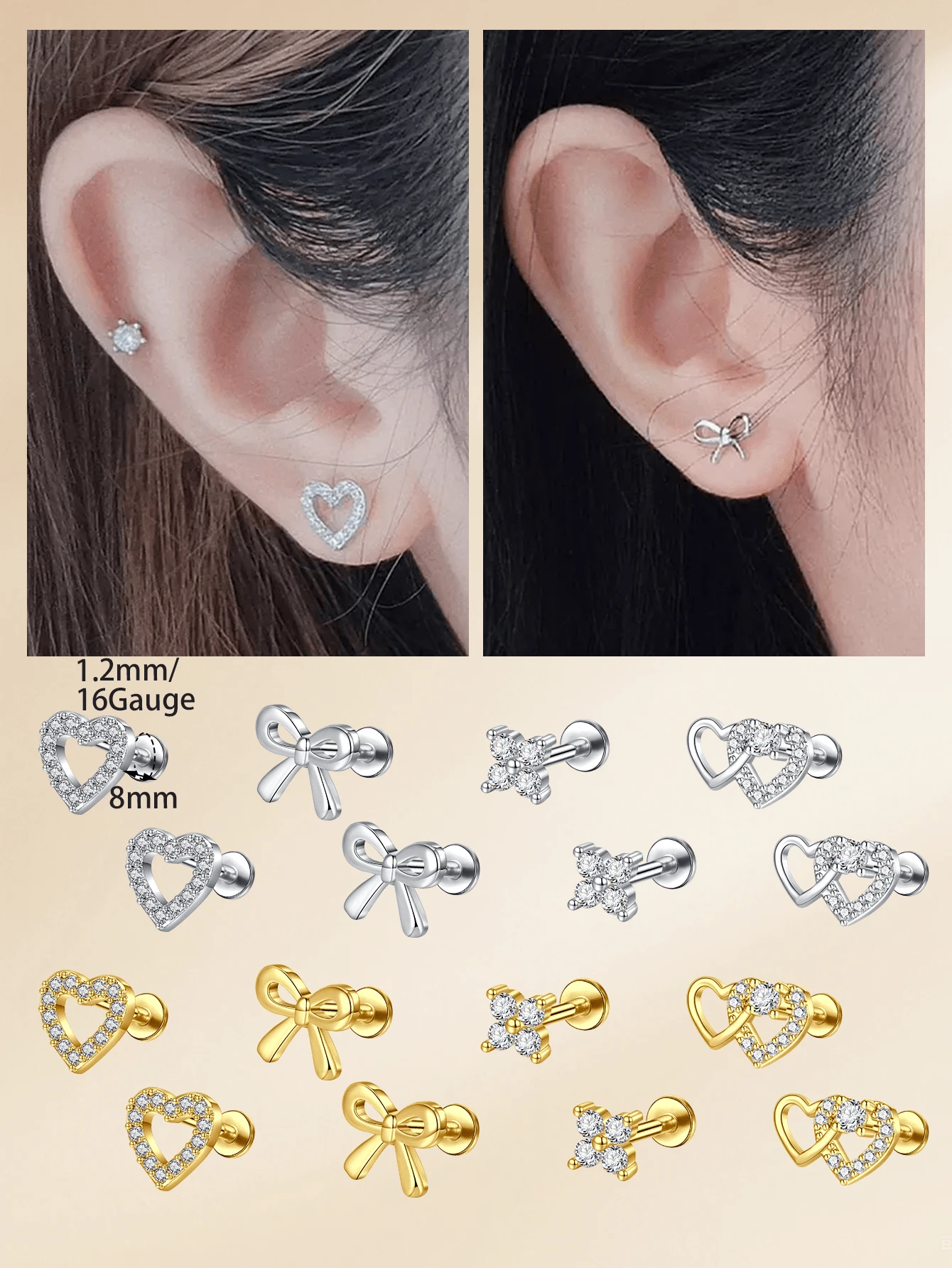 2 piezas/set Pendientes de botón elegantes con corazón de arco y circonita cúbica de acero inoxidable, pendientes de cartílago perforados, joyería para perforaciones de trago, cartílago, hélice, concha, labio, labrete, Medusa, pendientes de nariz y anillos de nariz para mujeres y hombres para decoración diaria