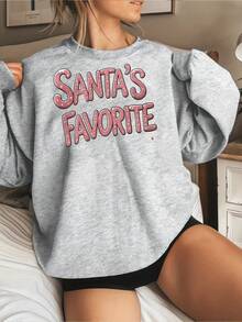 Sudadera de cuello redondo con estampado gráfico favorito de Santa para mujer, suéter acogedor y elegante para la temporada navideña, tela suave y ajuste relajado. ¡Regalo de Navidad perfecto! - Gris - Ver 1