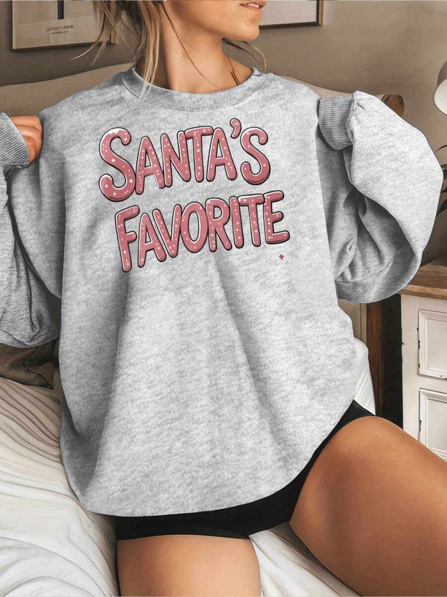 Sudadera de cuello redondo con estampado gráfico favorito de Santa para mujer, suéter acogedor y elegante para la temporada navideña, tela suave y ajuste relajado. ¡Regalo de Navidad perfecto! - Gris - Ver 1