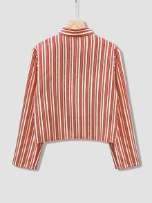 新款优雅条纹中式琵琶扣红白条纹长袖衬衫，适合感恩节、圣诞节、新年、节日、度假、日常穿着，春季皆宜。 - 紅杏 - 查看 6