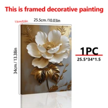 1 pièce Peinture à l'huile florale blanche élégante avec des feuilles d'or, décoration murale abstraite moderne, œuvres d'art murales, affiches, pouvant être accrochées, convient pour la décoration de la chambre, des couloirs, des cafés, des bibliothèques, de la chambre à coucher, de la salle de bain, du salon, du bureau - Matériau de canevas (cadre en option), plat 2D