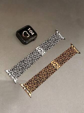 2 件女士时尚豹纹金属编织表带兼容 49mm 46mm 45mm 44mm 42mm 41mm 40mm 38mm，不锈钢表带兼容 Series 11 SE3 10 9 8 7 6 5 4 3 2 1 Ultra3/2/1，时尚智能表带男士服装，手链手表配件，兼容 ，奢华闪亮替换表带，适合日常/街头服饰，圣诞节生日周年纪念日的绝佳礼物