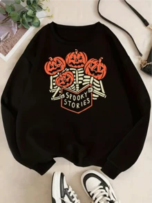 Sudadera acogedora de cuello redondo con estampado de esqueleto de calabaza y historias espeluznantes de Halloween para mujer, jersey informal de manga larga para otoño y otoño. - Negro - Ver 2