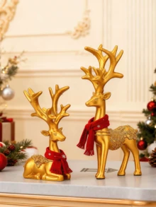 金色装饰 2 件套树脂幸运鹿雕塑现代家居装饰，驯鹿装饰室内客厅、卧室办公室和架子，送给妈妈、妻子、姐妹的完美圣诞礼物（金色） - 彩色 - 查看 8
