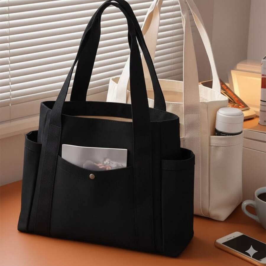 Women's Large Canvas Lined Shoulder Bag For College, Travel, And Work - 黑色 - 查看 1