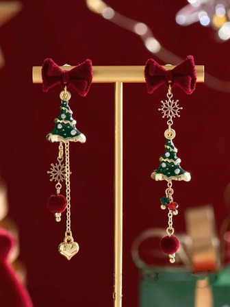 1 对时尚个性化圣诞树、星星、蝴蝶结、铃铛几何圣诞老人耳环，适合女性任何场合，圣诞礼物