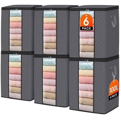 6 Pack 100L Clothes Storage, Foldable Thick Fabric Blanket Storage Bags, Containers For Organizing Bedroom, Closet, Clothing, Comforter,Closet Organization With Handle,Grey Moving House