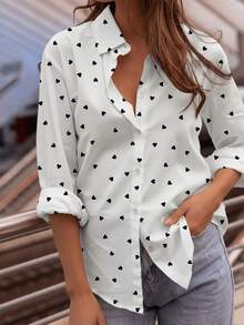 SUNSTORY Women's White Heart Print Collared Long Sleeve Shirt, Fresh Casual Style, Suitable For Holiday Outings, Gatherings, Beach, Daily Commute - White - View 2