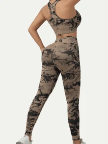 Sports Women's Contrasting Cut Yoga Top And Leggings 2-Piece Gym Set, Women's Sports Workout Clothes, Sports Set - 卡其色 - 查看 2