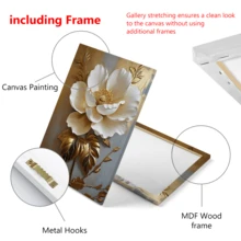 1 pièce Peinture à l'huile florale blanche élégante avec des feuilles d'or, décoration murale abstraite moderne, œuvres d'art murales, affiches, pouvant être accrochées, convient pour la décoration de la chambre, des couloirs, des cafés, des bibliothèques, de la chambre à coucher, de la salle de bain, du salon, du bureau - Matériau de canevas (cadre en option), plat 2D