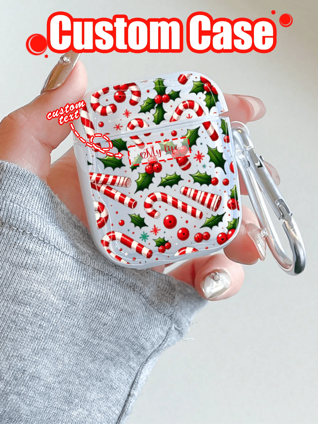 1ps Christmas Style Candy Cane Print Clear Earphone Case Compatible With Apple - Multicolor - View 1