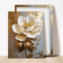 1 pièce Peinture à l'huile florale blanche élégante avec des feuilles d'or, décoration murale abstraite moderne, œuvres d'art murales, affiches, pouvant être accrochées, convient pour la décoration de la chambre, des couloirs, des cafés, des bibliothèques, de la chambre à coucher, de la salle de bain, du salon, du bureau - Matériau de canevas (cadre en option), plat 2D
