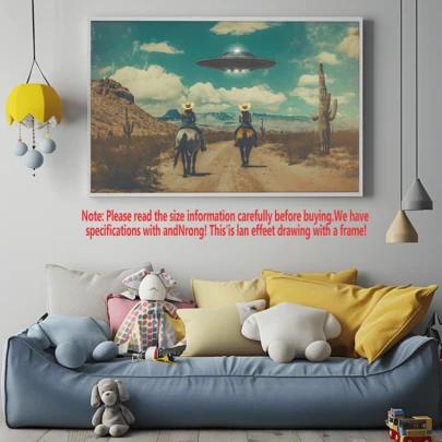 1 件复古未来主义艺术、复古西部科幻帆布墙艺术、UFO 外星人复古科幻墙艺术、太空女牛仔宇宙艺术、墙艺术、海报、带框架的墙艺术、房间装饰、墙艺术、房间装饰美学、复古装饰、客厅墙艺术 - 帆布（可选框架）