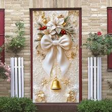 Elegant Christmas Door Cover With White Bow & Golden Bell - 35.4x70.8 Inches, Perfect For Entryways & Holiday Decor