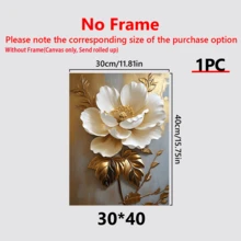 1 pièce Peinture à l'huile florale blanche élégante avec des feuilles d'or, décoration murale abstraite moderne, œuvres d'art murales, affiches, pouvant être accrochées, convient pour la décoration de la chambre, des couloirs, des cafés, des bibliothèques, de la chambre à coucher, de la salle de bain, du salon, du bureau - Matériau de canevas (cadre en option), plat 2D