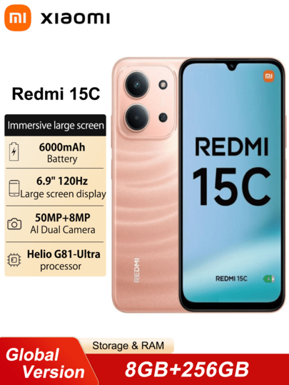 Xiaomi Redmi 15C 8+256G Smartfon w wersji globalnej 6,9-calowy wyświetlacz Dot Drop, ogromna bateria 6000 mAh, obsługuje szybkie ładowanie 33 W, procesor Helio G81-Ultra, wyraźny podwójny aparat 50 MP AI
