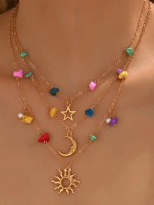 1PC Bohemian-Style Multi-Layer Gold-Tone Star-Moon Pendant Necklace Featuring Colored Stone Star-Moon Jewelry Women's Party And Gathering Jewelry