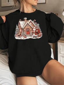 Sudadera acogedora para mujer con estampado gráfico navideño de casa de jengibre, Papá Noel y reno. Top festivo de cuello redondo para mujer. - Negro - Ver 1