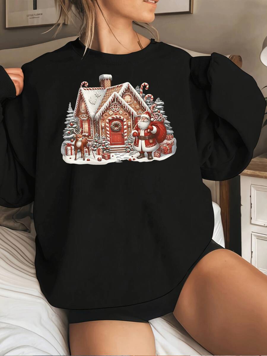 Sudadera acogedora para mujer con estampado gráfico navideño de casa de jengibre, Papá Noel y reno. Top festivo de cuello redondo para mujer. - Negro - Ver 1