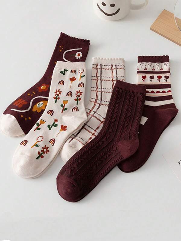 5 أزواج من الجوارب متوسطة الطول بطراز كلاسيكي للنساء