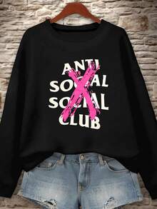 Women's  Sweatshirt With Anti Social Club Slogan & Pink X Print,Casual Long Sleeve Pullover Top - màu đen - Xem 1