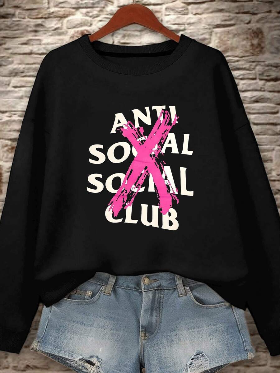 Women's  Sweatshirt With Anti Social Club Slogan & Pink X Print,Casual Long Sleeve Pullover Top - màu đen - Xem 1
