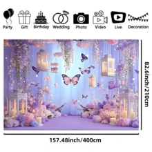 1 Pc, 2D Flat, Gorgeous Style Butterfly Party Backdrop, Polyester Material, Purple Background, Rectangular Photography Background, Bohemian Style, With Purple Butterflies And Flowers, Suitable For Birthday And Wedding Decoration, Living Room Bedroom Decoration, Office Decoration, Multi-Season Use, Gift Giving, Photo Booth Props, Multiple Size Options