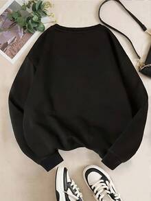 Sudadera acogedora con cuello redondo y estampado navideño de Papá Noel para mujer, estilo retro festivo, de manga larga, informal, para fiestas de invierno - Negro - Ver 3