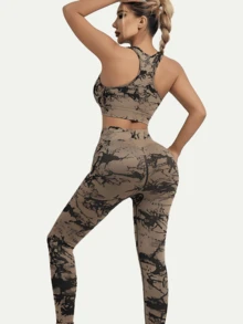 Sports Women's Contrasting Cut Yoga Top And Leggings 2-Piece Gym Set, Women's Sports Workout Clothes, Sports Set - 卡其色 - 查看 4